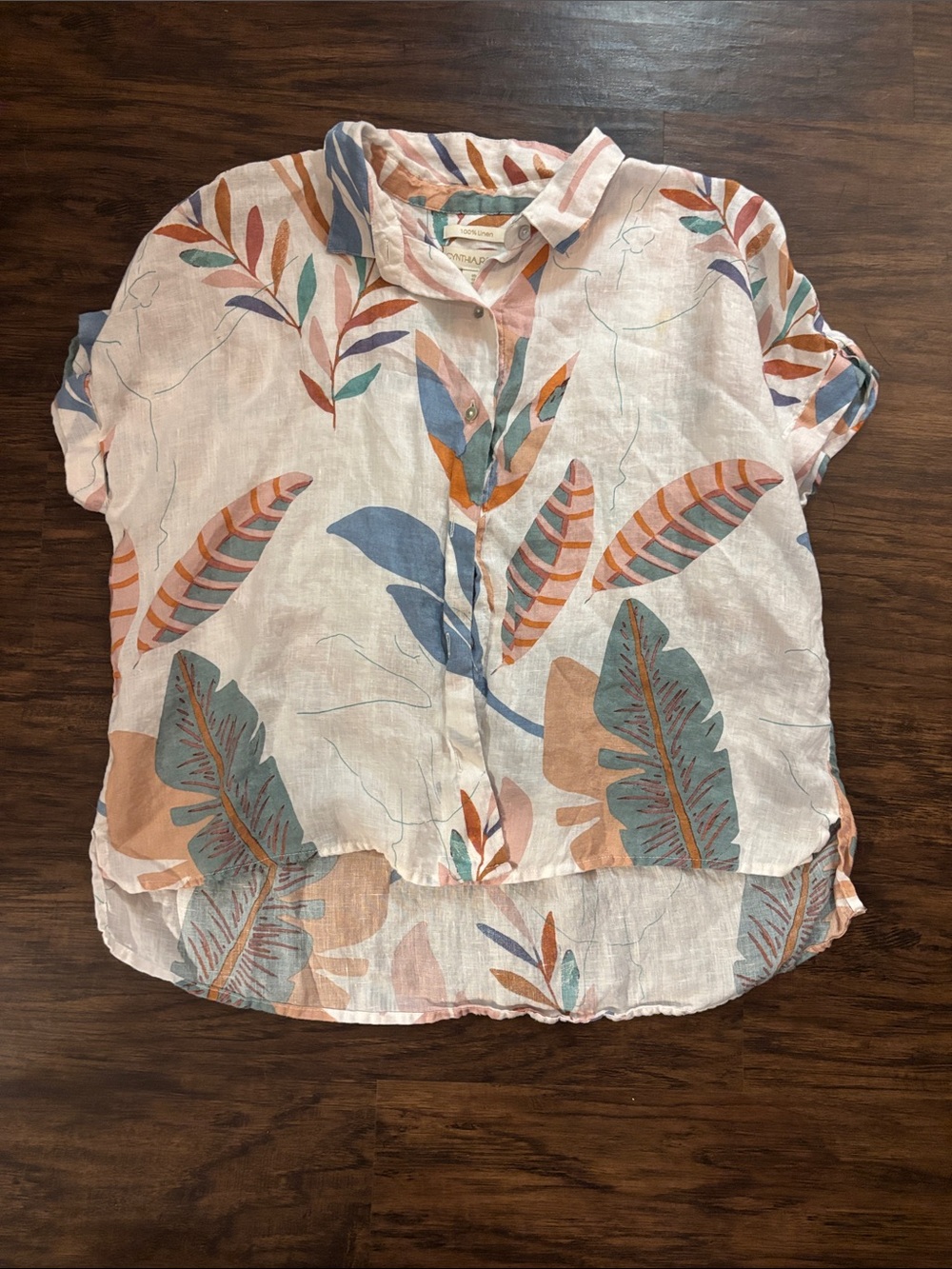 Cynthia Rowley White Linen Tropical Print Button-Up Top